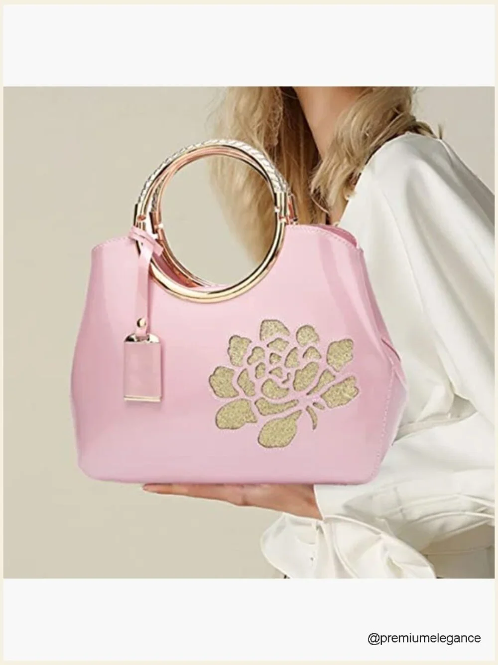 Patent Leather Flower Satchel Charm Glossy Purse Metal Grip Structured Shoulder